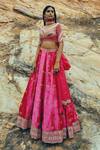 Ease_Pink Velvet Embroidered Floral Motifs V Neck Bridal Lehenga Set _Online_at_Aza_Fashions