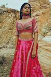 Buy_Ease_Pink Velvet Embroidered Floral Motifs V Neck Bridal Lehenga Set _Online_at_Aza_Fashions