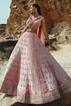 Buy_EASE_Pink Velvet, Viscose Organza Nakshi V Floral Embroidered Bridal Lehenga Set _at_Aza_Fashions