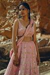 Shop_EASE_Pink Velvet, Viscose Organza Nakshi V Floral Embroidered Bridal Lehenga Set _Online_at_Aza_Fashions