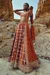 Buy_Ease_Orange Velvet Embroidered Nakshi V Neck Bridal Lehenga Set _at_Aza_Fashions