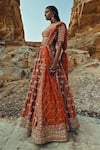 Ease_Orange Velvet Embroidered Nakshi V Neck Bridal Lehenga Set _Online_at_Aza_Fashions