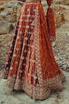 Ease_Orange Velvet Embroidered Nakshi V Neck Bridal Lehenga Set _at_Aza_Fashions