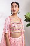 Aneesh Agarwaal_Peach Silk Muslin Floral Print Cape Lehenga Set_Online_at_Aza_Fashions