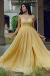 Buy Pinup By Astha Yellow Flat Chiffon Plunge V Neck Peitho Ruched Gown at Aza Fashions Buy_Pinup By Astha_Yellow Flat Chiffon Plunge V Neck Peitho Ruched Gown _at_Aza_Fashions