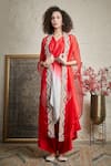 Buy_Prisho_Red Silk Embroidered Floral Round Sheer Cape And Draped Pant Set  _at_Aza_Fashions