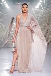 Pankaj & Nidhi_Pink Organza Metallic Embroidered Saree Gown_Online_at_Aza_Fashions