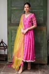 Buy_Label Nimbus_Pink Anarkali Chanderi Churidar Lycra Dupatta Organza Embroidery V Neck Set _at_Aza_Fashions