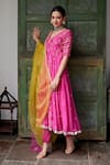 Shop_Label Nimbus_Pink Anarkali Chanderi Churidar Lycra Dupatta Organza Embroidery V Neck Set _Online_at_Aza_Fashions