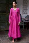 Label Nimbus_Pink Angarkha Chanderi Churidar Lycra Dupatta Chiffon Embroidery V Neck Set _Online_at_Aza_Fashions
