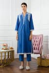 Buy_Sage Saga_Blue Lawn Cotton V Neck Embroidered Kurta And Pant Set _at_Aza_Fashions