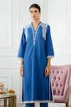 Shop_Sage Saga_Blue Lawn Cotton V Neck Embroidered Kurta And Pant Set _Online_at_Aza_Fashions