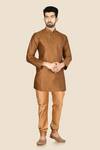 Buy_Aryavir Malhotra_Brown Kurta Jamewar Churidar Dupion Silk Embroidered Set_at_Aza_Fashions