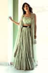 Shop_Paulmi And Harsh_Green Viscose Cotton Silk Floral Print Jacket Lehenga Set_at_Aza_Fashions
