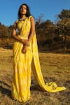 Buy_Paulmi and Harsh_Yellow Crepe Sweetheart Neck Printed Pre-draped Saree Set _at_Aza_Fashions