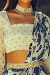 Shop_Paulmi and Harsh_Blue Crepe Square Neck Printed Pre-draped Saree Set_at_Aza_Fashions