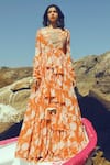 Paulmi and Harsh_Orange Organza Sweetheart Neck Printed Jacket Lehenga Set _Online_at_Aza_Fashions