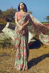 Buy_Paulmi and Harsh_Green Crepe V Neck Printed Pre-draped Saree Set _at_Aza_Fashions