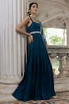 Paulmi And Harsh Blue Cotton Silk V Neck Tiered Anarkali With Dupatta Online at Aza Fashions Paulmi And Harsh_Blue Cotton Silk V Neck Tiered Anarkali With Dupatta _Online_at_Aza_Fashions