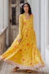 Buy_Paulmi and Harsh_Yellow Cotton Silk Embroidery V Neck Floral Print Anarkali With Dupatta _at_Aza_Fashions