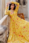 Shop_Paulmi and Harsh_Yellow Cotton Silk Embroidery V Neck Floral Print Anarkali With Dupatta _Online_at_Aza_Fashions