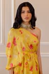 Paulmi and Harsh_Yellow Crepe Embroidery Asymmetric One Shoulder Kurta And Pant Set _Online_at_Aza_Fashions