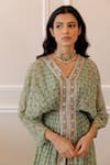 Paulmi and Harsh_Green Kaftan Georgette Embroidery V Neck Floral Print _at_Aza_Fashions