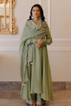 Buy_Paulmi And Harsh_Green Anarkali Mul , Pant Silk, Scarf Gathered Sleeve Set_at_Aza_Fashions