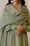 Buy_Paulmi And Harsh_Green Anarkali Mul , Pant Silk, Scarf Gathered Sleeve Set_Online_at_Aza_Fashions