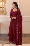 Shop_Paulmi and Harsh_Maroon Anarkali And Palazzo: Cotton Silk Embroidery Gathered Sleeve Set For Women_at_Aza_Fashions