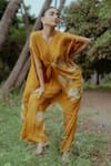 Buy_Paulmi and Harsh_Yellow Pure Crepe Rose V Neck Kaftan And Pant Co-ord Set _Online_at_Aza_Fashions