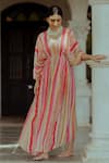 Buy_Paulmi and Harsh_Multi Color Pure Crepe Printed Stripe V Neck Kaftan _at_Aza_Fashions