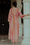 Shop_Paulmi and Harsh_Multi Color Pure Crepe Printed Stripe V Neck Kaftan _at_Aza_Fashions