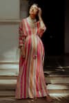 Paulmi and Harsh_Multi Color Pure Crepe Printed Stripe V Neck Kaftan _Online_at_Aza_Fashions