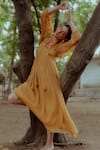 Buy_Paulmi and Harsh_Yellow Pure Chiffon And Embroidery Flame Round Midi Dress _at_Aza_Fashions