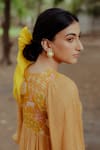 Paulmi and Harsh_Yellow Pure Chiffon And Embroidery Flame Round Midi Dress _at_Aza_Fashions