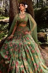 Paulmi and Harsh_Green Georgette And Net & Embroidery Jungle Leaf Neck Lehenga Set _Online_at_Aza_Fashions