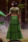 Shop_Paulmi and Harsh_Green Crepe And Tissue Embroidery Mirror Leaf Neck Layered Lehenga Set  _at_Aza_Fashions