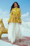 Paulmi and Harsh_Yellow Cotton Silk Round Printed Top With Flared Pant _Online_at_Aza_Fashions