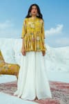 Buy_Paulmi and Harsh_Yellow Cotton Silk Round Printed Top With Flared Pant _Online_at_Aza_Fashions