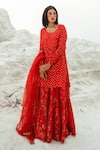 Paulmi and Harsh_Red Kurta And Skirt Cotton Silk Dupatta Net Round Printed Set  _Online_at_Aza_Fashions