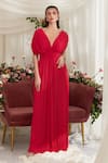 Buy_Zosia_Fuchsia Luxury Heavy Georgette Plain Plunge V Neck Penelope Pleated Jumpsuit _at_Aza_Fashions