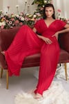 Buy_Zosia_Fuchsia Luxury Heavy Georgette Plain Plunge V Neck Penelope Pleated Jumpsuit _Online_at_Aza_Fashions