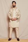 Shop_Bohame_Beige Silk Embroidered Jacket And Pant Set _at_Aza_Fashions