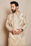 Bohame_Beige Silk Embroidered Jacket And Pant Set _Online_at_Aza_Fashions