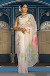 Buy_Pheeta_Yellow Kota Doria Hand Painted Floral Motif Saree _at_Aza_Fashions