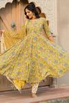 Shop_Pheeta_Yellow Cotton Printed Hand Block Round Floral Anarkali Set_at_Aza_Fashions