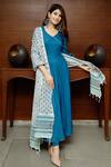Buy_Pheeta_Blue Rayon Plain V Neck Anarkali Set With Printed Dupatta_at_Aza_Fashions