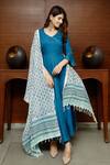 Shop_Pheeta_Blue Rayon Plain V Neck Anarkali Set With Printed Dupatta_Online_at_Aza_Fashions