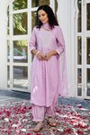 Buy_Pheeta_Purple Cotton Embroidered Thread Work Round Neck Gathered Kurta Set_Online_at_Aza_Fashions